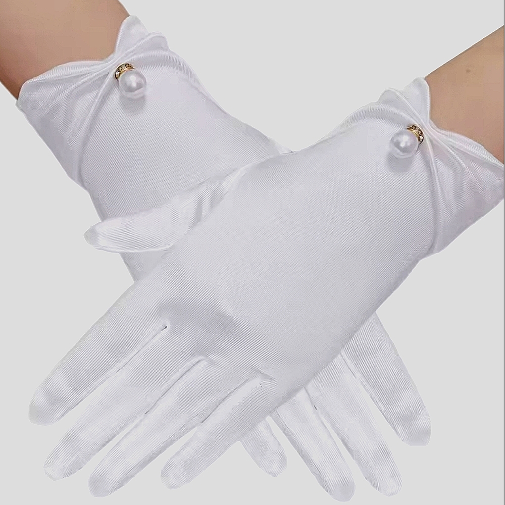 White Satin Wrist-Length Gloves with Pearl Detail
